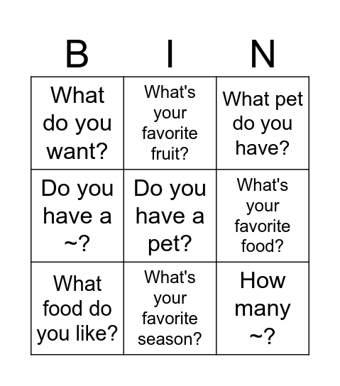 Questions Bingo Card