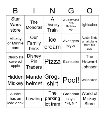 Disneyland Bingo Card