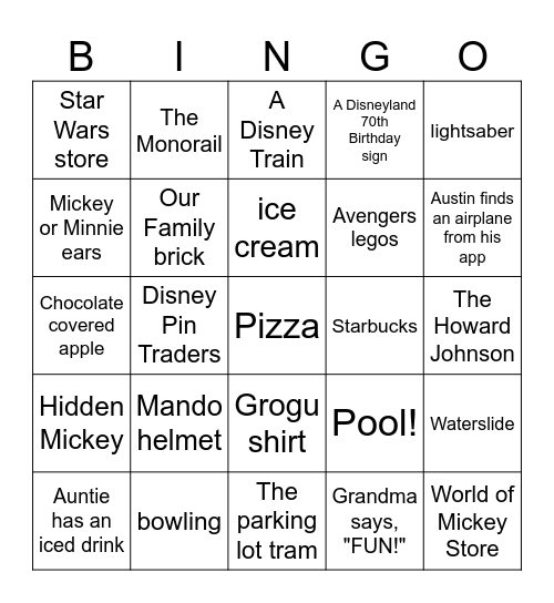 Disneyland Bingo Card