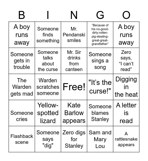 Holes Movie Bingo (1) Bingo Card
