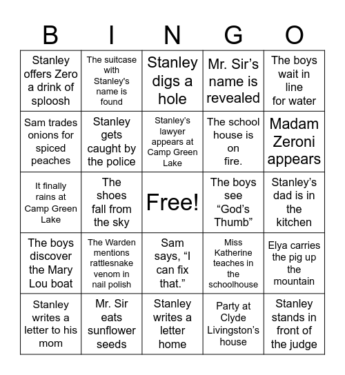 Holes Movie Bingo (3) Bingo Card