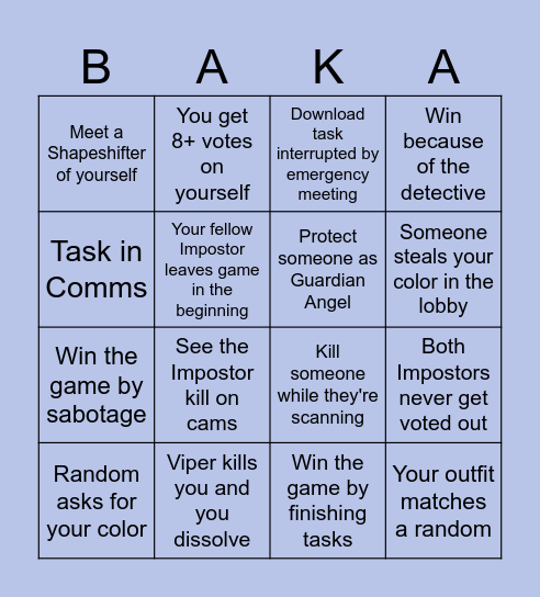 Amongus Sus Bingo Card