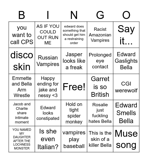 Twilight Drinking Game Bingo Card