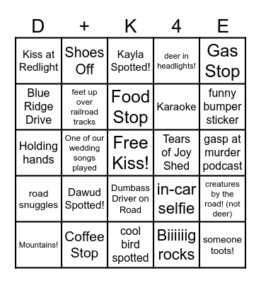 Honeymoon Road Trip!!! Bingo Card