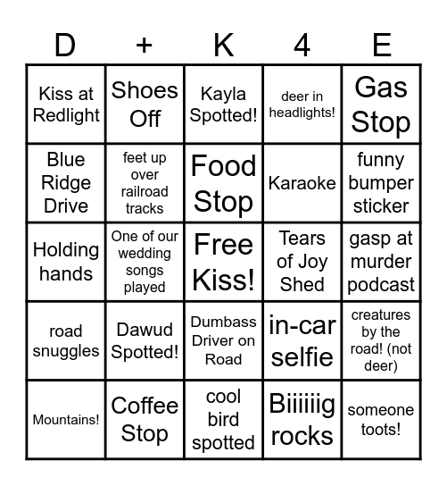 Honeymoon Road Trip!!! Bingo Card