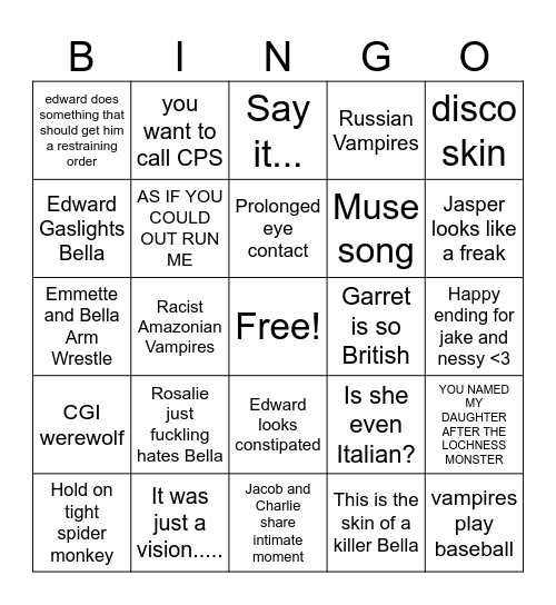 Twilight Drinking Game Bingo Card