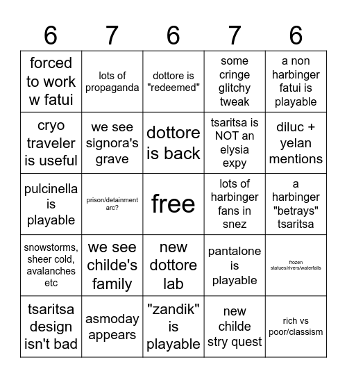 Snezhnaya Predictions Bingo Card