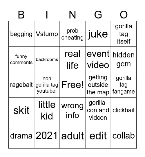 gorilla tag short bingo Card