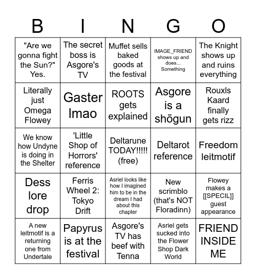 Deltarune Chapter 5 Predictions Bingo Card