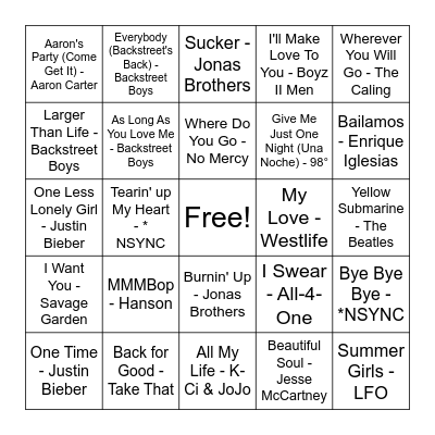 BOY BAND INVASION Bingo Card