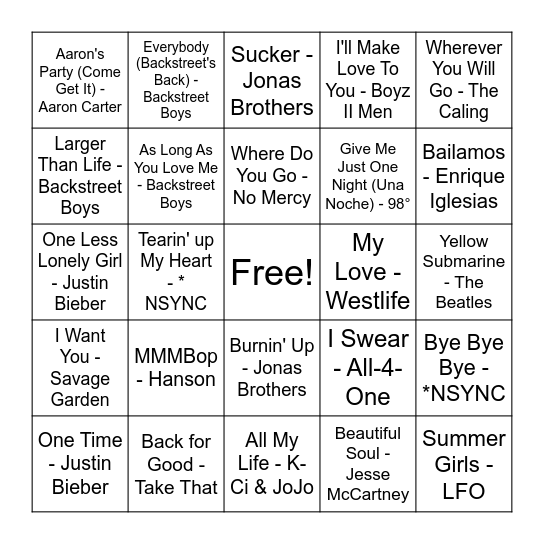 BOY BAND INVASION Bingo Card