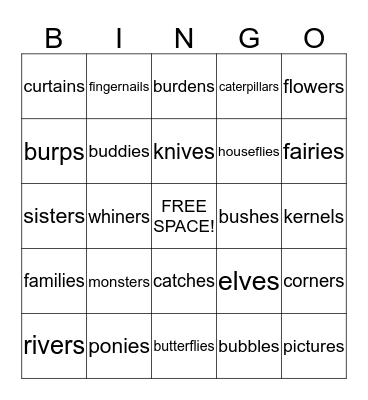 Plurals Bingo Card