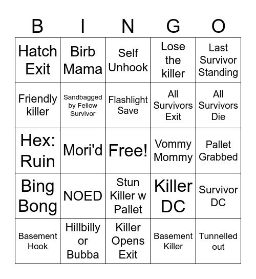 Dead by Daylight Bingo Card