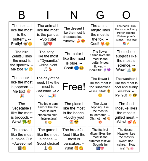 B7 L11  The dessert Nezuko likes the most is sweet rice cakes. --How nice! 🍡🌸 Bingo Card