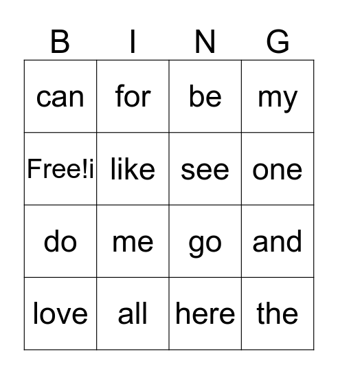 Sight Word Bingo Card