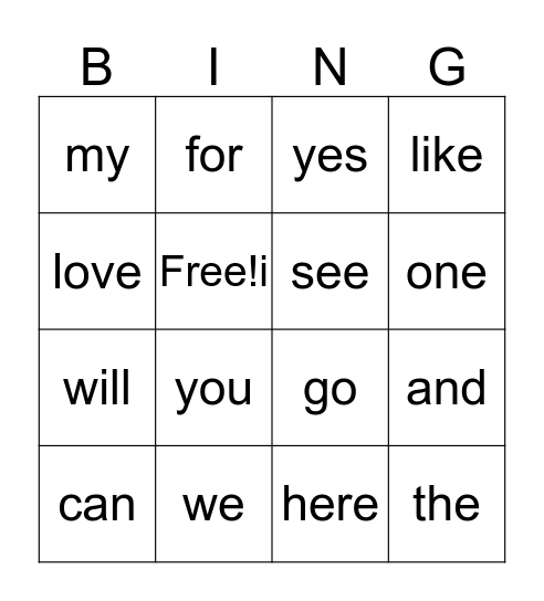 Sight Word Bingo Card
