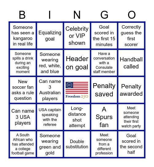 USA vs AUS Watch Party Bingo Card