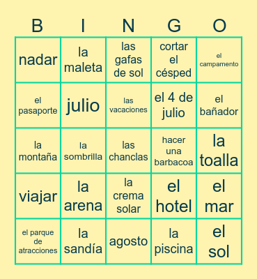 Vocabulario de las vacaciones de verano Bingo Card