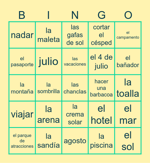 Vocabulario de las vacaciones de verano Bingo Card