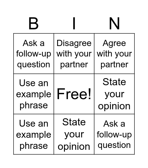 Speaking Challenge Bingo Card