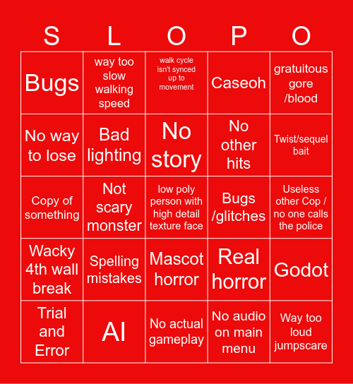 Slop horror Bingo Card