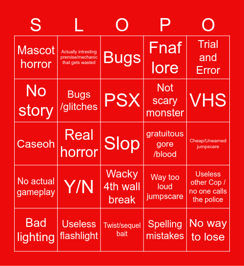 Slop horror Bingo Card