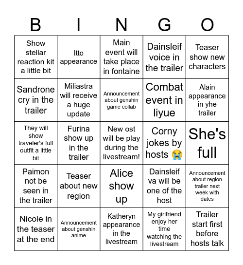 Genshin 6.7 Livestream! Bingo Card