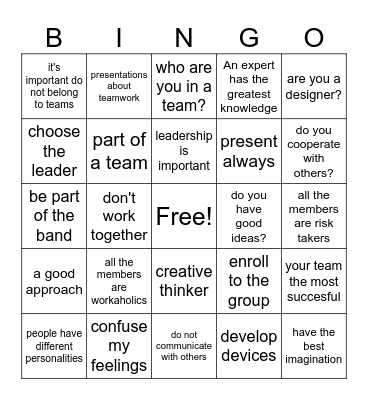 Teamwork and Personalities Bingo Card