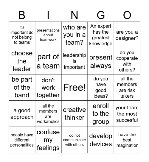 Teamwork and Personalities Bingo Card