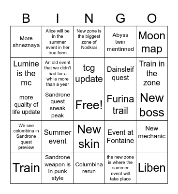 GENSHIN 6.7 Bingo Card