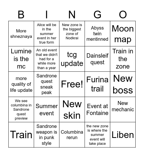 GENSHIN 6.7 Bingo Card
