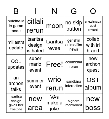 6.7 livestream Bingo Card