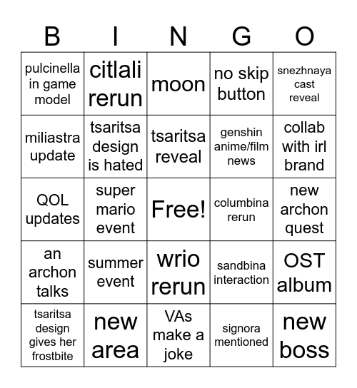 6.7 livestream Bingo Card