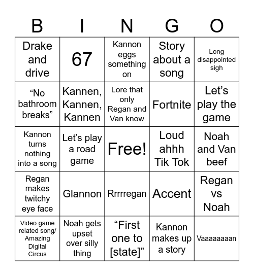 Car ride bingo Card