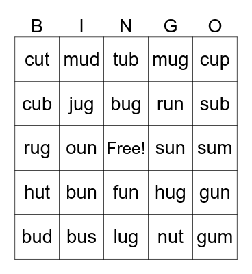 "U" Words Bingo Card