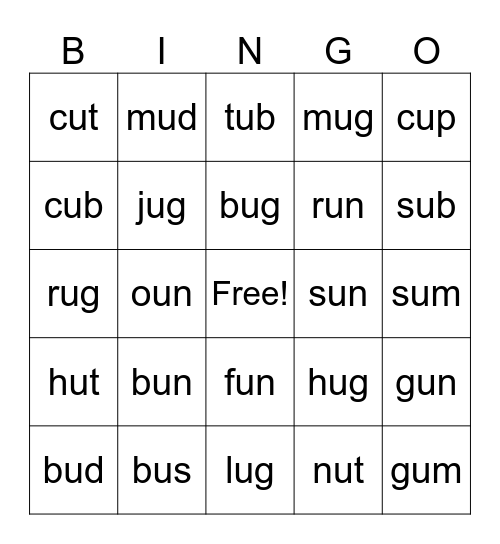 "U" Words Bingo Card