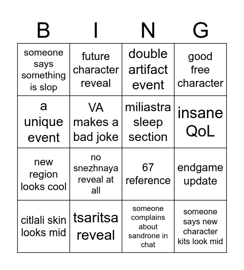genshin "Luna VIII" Special Program Bingo Card