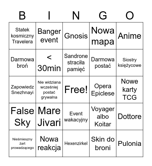 Genshin Luna VIII Bingo Card