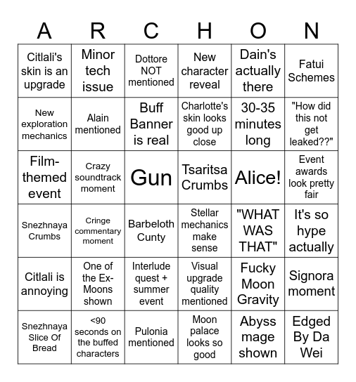 GENSHIN 6.7 STREAM Bingo Card