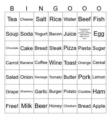 Food and beverage Bingo Card