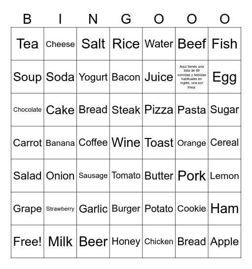 Food and beverage Bingo Card