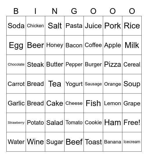 Food and beverage Bingo Card
