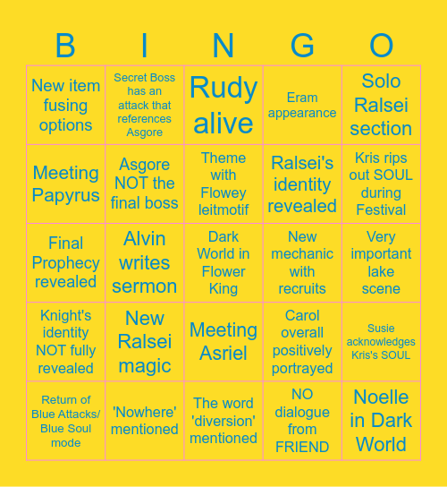 Deltarune Chapter 5 (Normal Route) Bingo Card