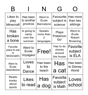 First Day of School Bingo Card