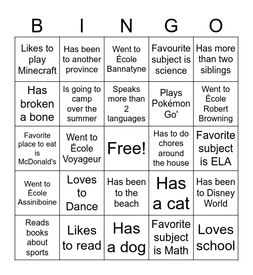 First Day of School Bingo Card