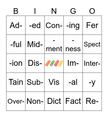 Mr.L: Prefixes, Suffixes, Roots Bingo Card