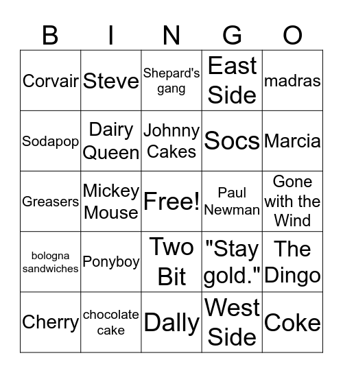 The Outsiders Bingo Card