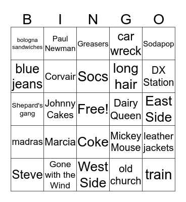 The Outsiders Bingo Card