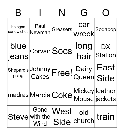 The Outsiders Bingo Card
