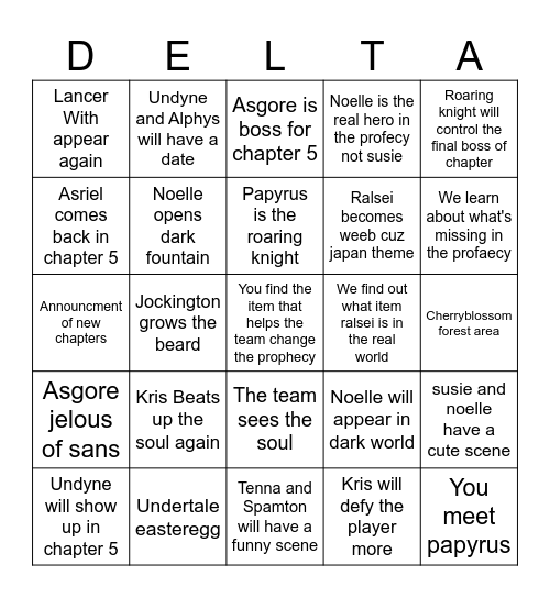 Deltarune Chapter 5 Bingo Card